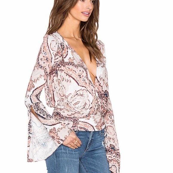 Free People ASO Fiona Bell Surplice Paisley Bohemian Sleeve Wrap Top Blouse SZ M - Picture 5 of 12
